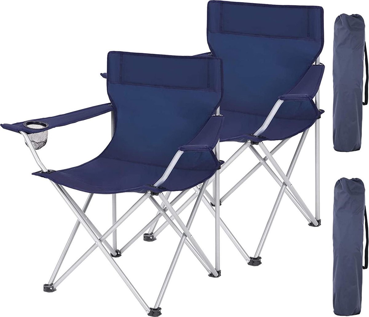 Set van 2 opvouwbare Campingstoelen, Klapstoelen voor buiten, comfortabel, met armleuningen en bekerhouders, stabiel frame, draagvermogen 120 kg - Blauw (5400943014785)