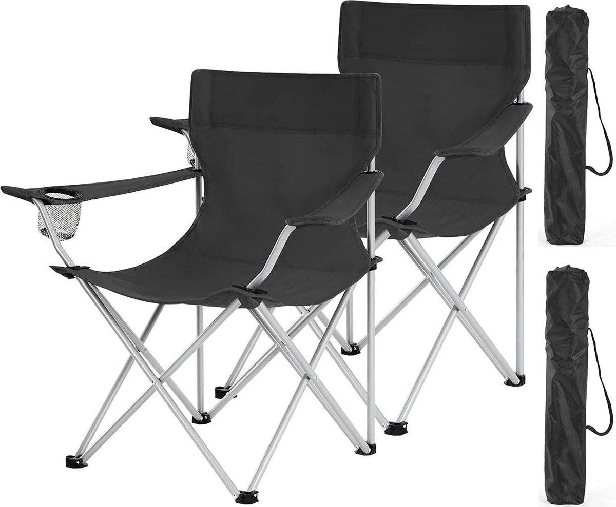 Set van 2 opvouwbare Campingstoelen, Klapstoelen voor buiten, comfortabel, met armleuningen en bekerhouders, stabiel frame, draagvermogen 120 kg - Zwart (5400943014778)